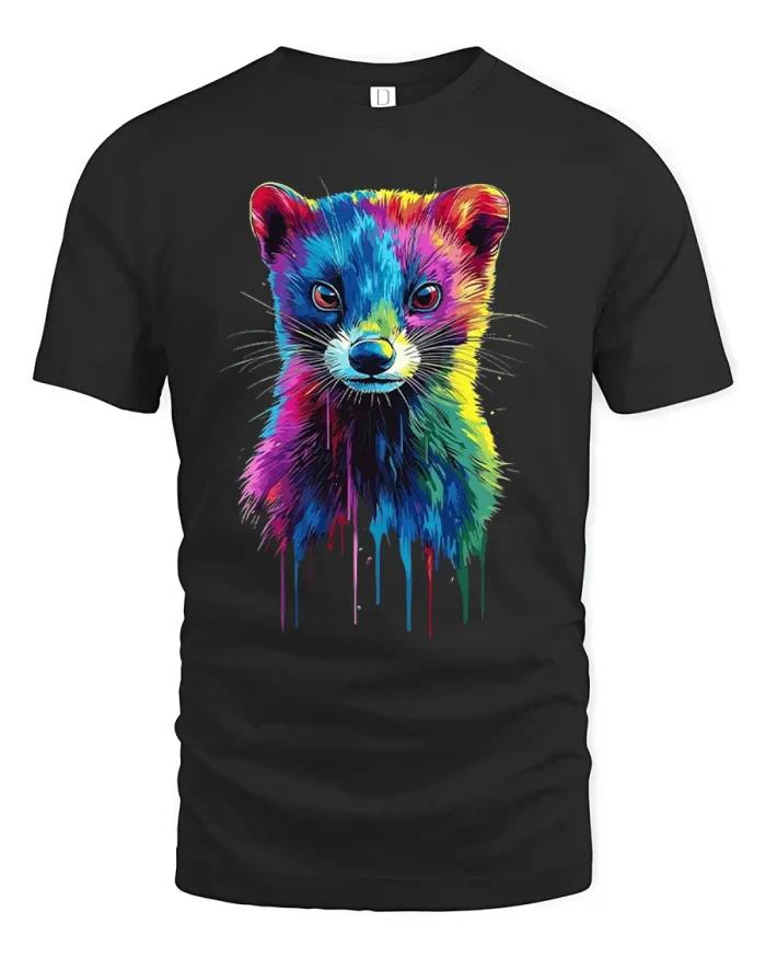 Colorful Neon Ferret Watercolor Paint Splash T-Shirt - black t-shirt on white background