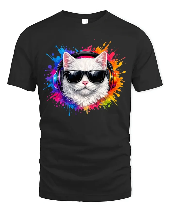Cool DJ Cat Wearing Sunglasses And Headphones T-Shirt - black t-shirt on white background