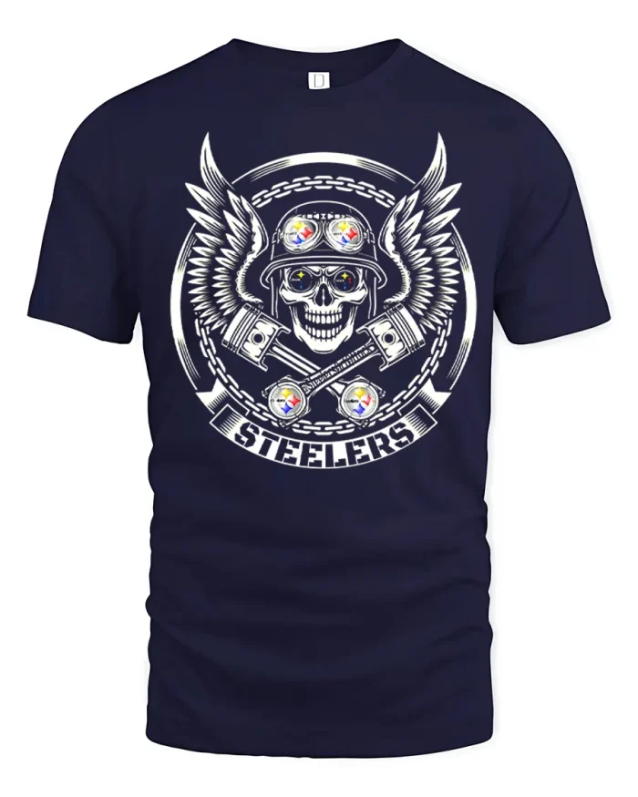 Pittsburgh Steelers Football Skull Wings Logo Graphic T-Shirt - navy t-shirt on white background