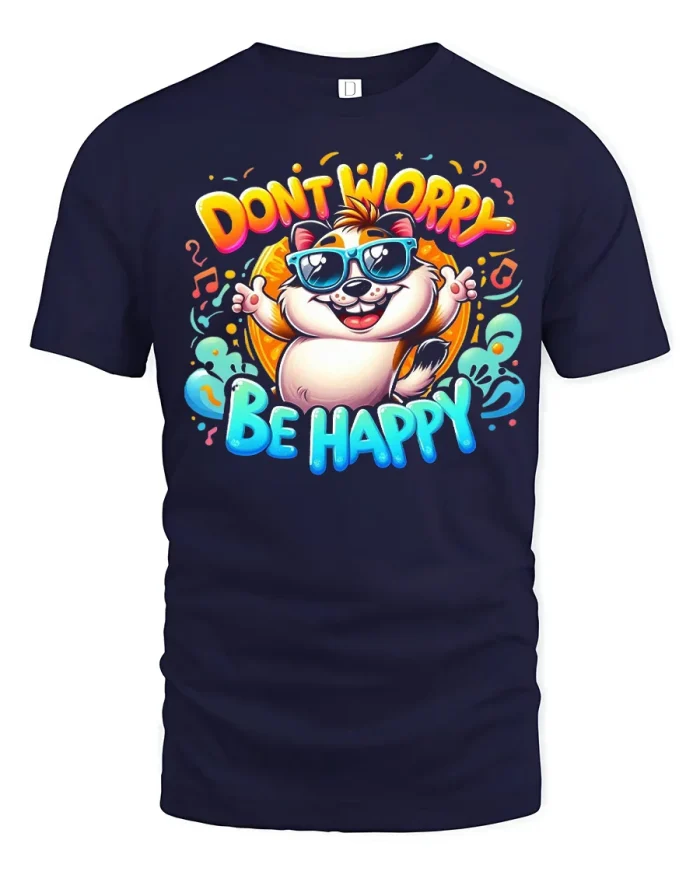 Dont Worry Be Happy Cute Animal Quotes T-Shirt - navy t-shirt on white background