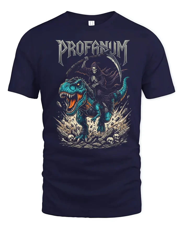 Profanum Grim Reaper Riding T-Rex Dinosaur T-Shirt - navy t-shirt on white background