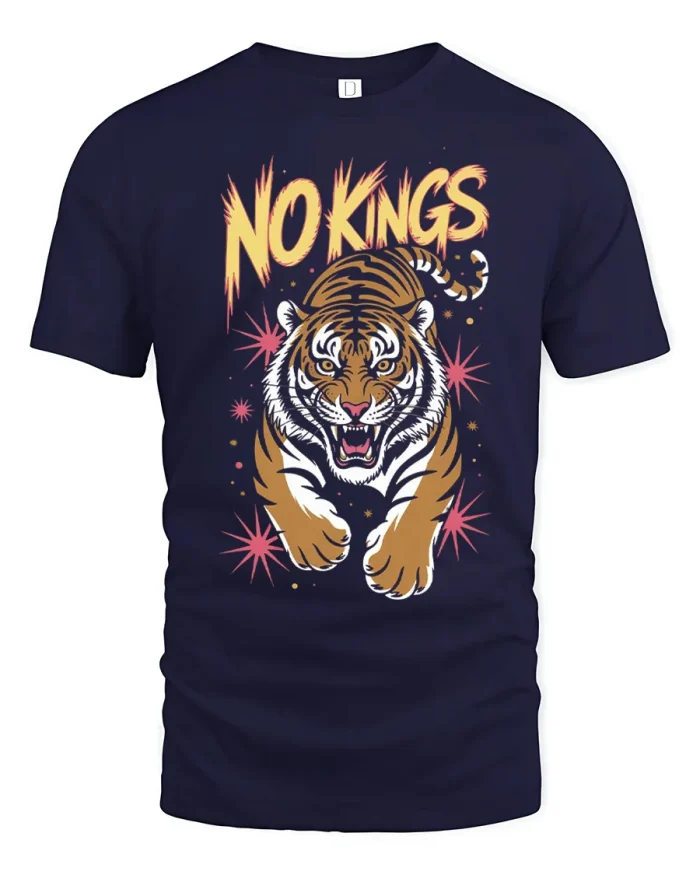 No Kings Fierce Tiger Pounce Graphic T-Shirt - navy t-shirt on white background
