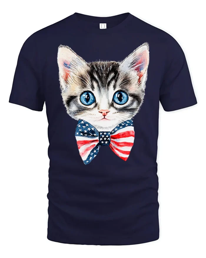 Cute Kitten Wearing American Flag Bowtie Graphic T-Shirt - navy t-shirt on white background