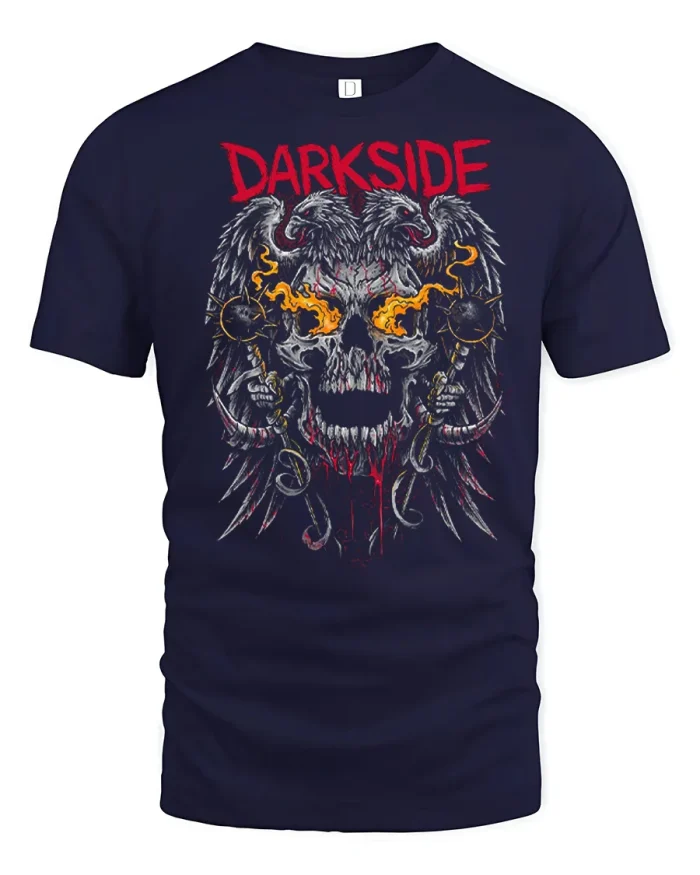 Darkside Flaming Skull And Eagles Wings Graphic T-Shirt - navy t-shirt on white background