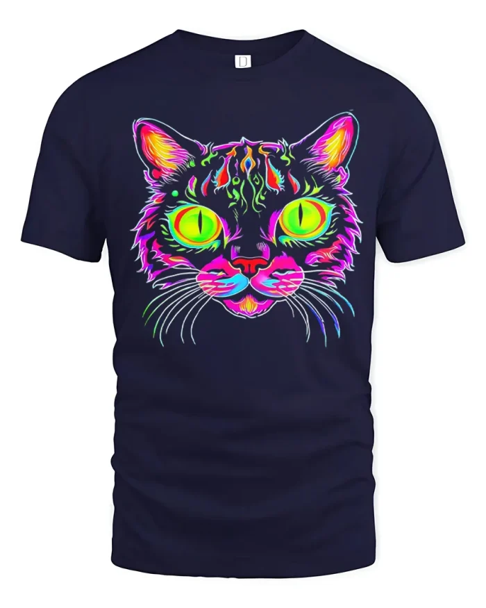 Neon Psychedelic Glowing Cat Face Trippy T-Shirt - navy t-shirt on white background