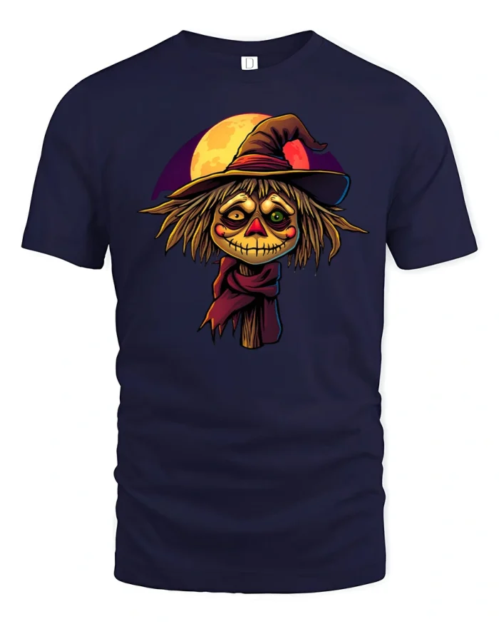 Creepy Halloween Scarecrow Moon Graphic T-Shirt - navy t-shirt on white background