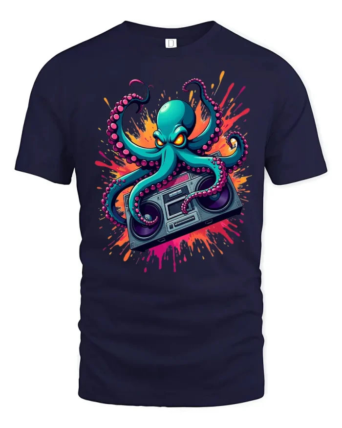 Colorful Octopus DJ Playing Boombox Graphic T-Shirt - navy t-shirt on white background