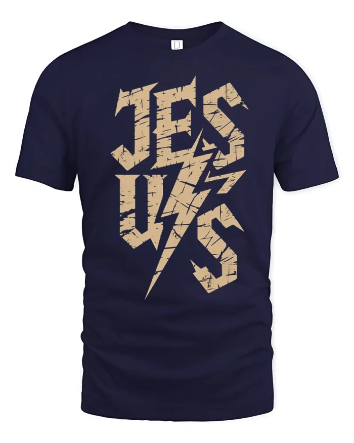 Heavy Metal Style Jesus Typography Graphic T-Shirt - navy t-shirt on white background