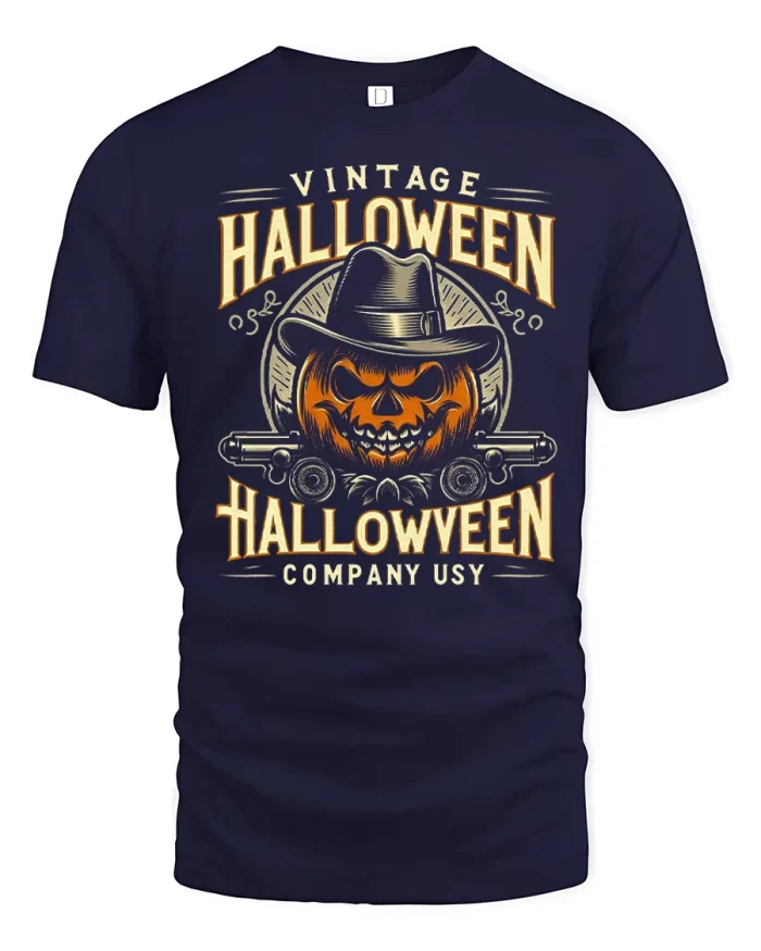 Vintage Halloween Pumpkin Cowboy Hat Graphic T-Shirt - navy t-shirt on white background