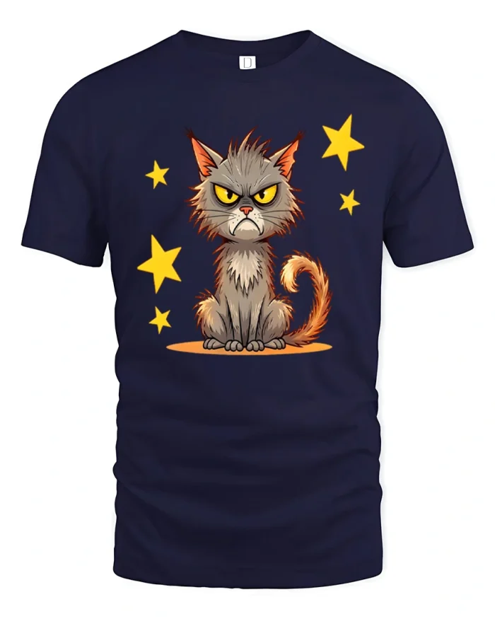 Grumpy Fluffy Cat With Yellow Stars Funny T-Shirt - navy t-shirt on white background
