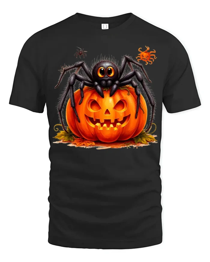 Spooky Cute Spider On Jack O Lantern Halloween T-Shirt - black t-shirt on white background