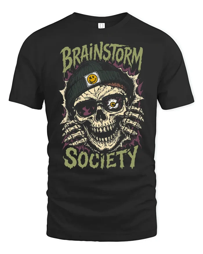 Brainstorm Society Skull Wearing Beanie Graphic T-Shirt - black t-shirt on white background