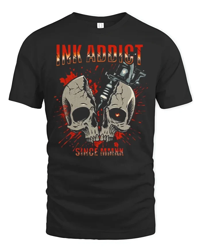 Ink Addict Since MMXX Skull Tattoo Machine T-Shirt - black t-shirt on white background