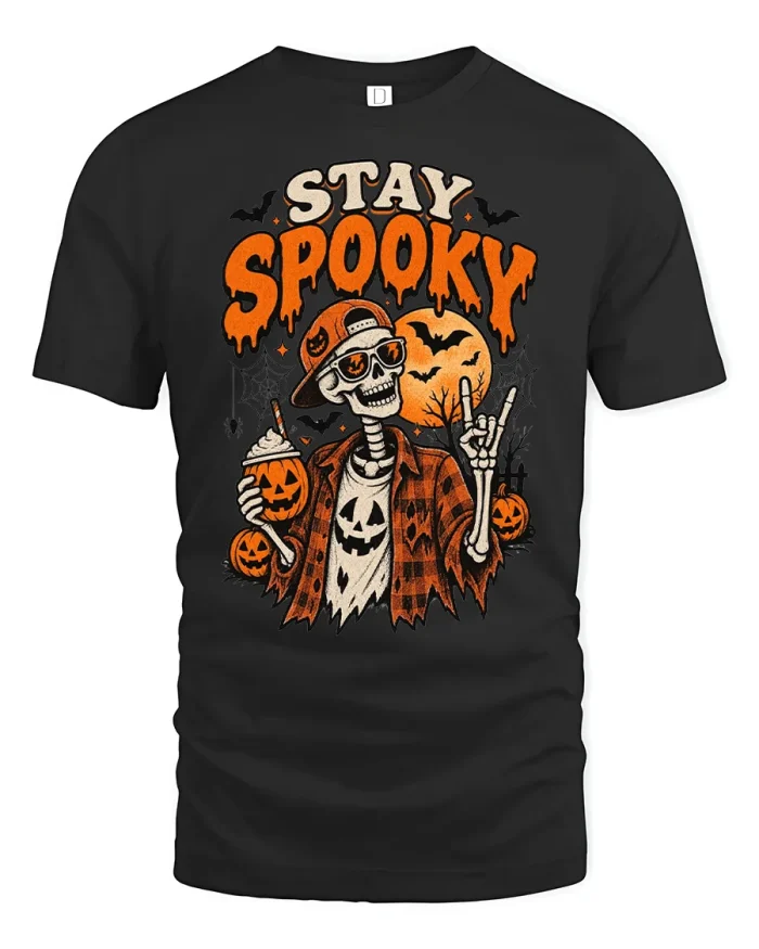 Stay Spooky Skeleton Drinking Iced Coffee Halloween T-Shirt - black t-shirt on white background