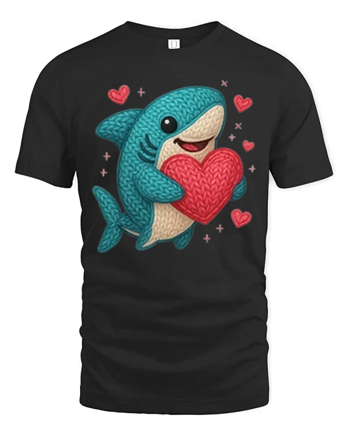 Cute Knitted Shark Holding A Red Heart Graphic T-Shirt - black t-shirt on white background
