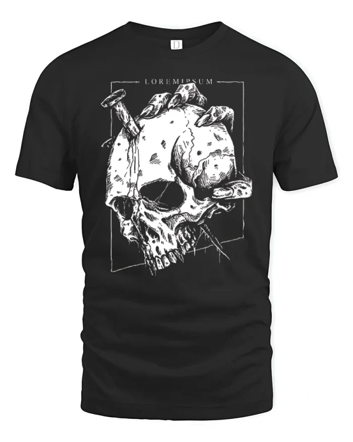 Lorem Ipsum Skull With Nail Graphic T-Shirt - black t-shirt on white background