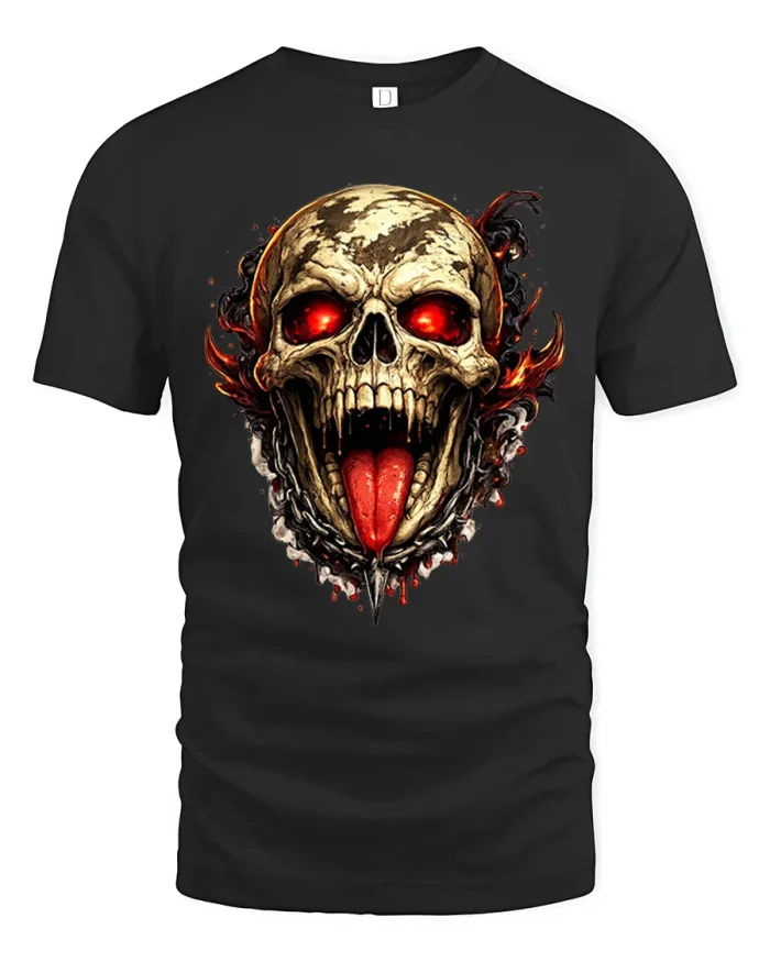 Glowing Red Eye Demonic Skull Graphic T-Shirt - black t-shirt on white background