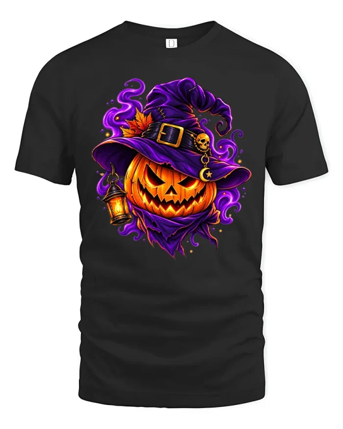 Spooky Pumpkin Jack O Lantern Witch Hat Halloween T-Shirt - black t-shirt on white background