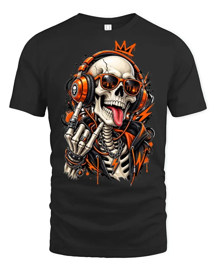 Cool Rocking DJ Skeleton Wearing Headphones T-Shirt - black t-shirt on white background