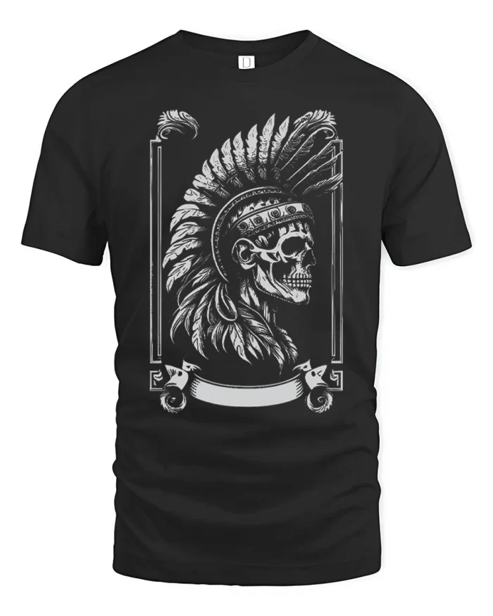 Tribal Warrior Chief Skull Feather Headdress T-Shirt - black t-shirt on white background