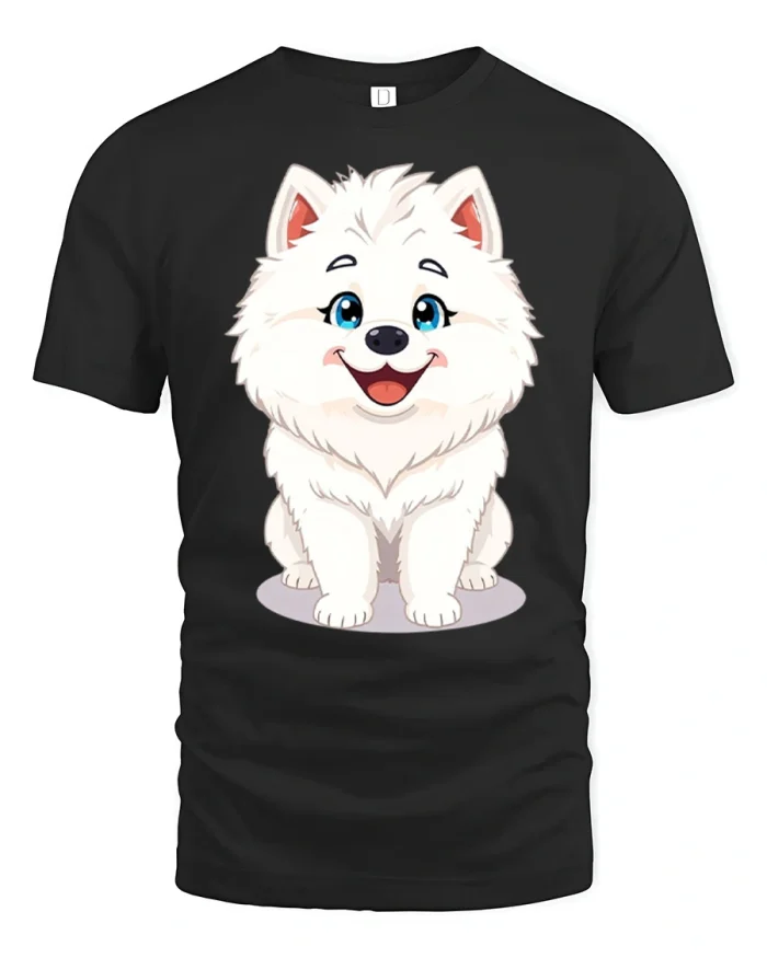Cute Fluffy White Samoyed Puppy Dog Graphic T-Shirt - black t-shirt on white background