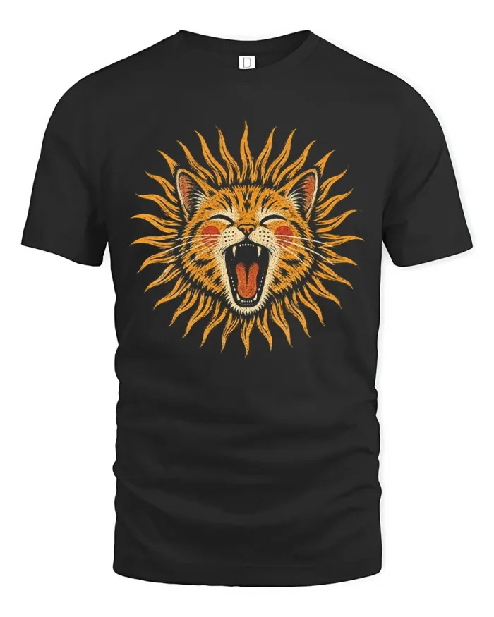 Cute Orange Cat Yawning Like A Lion Sun T-Shirt - black t-shirt on white background