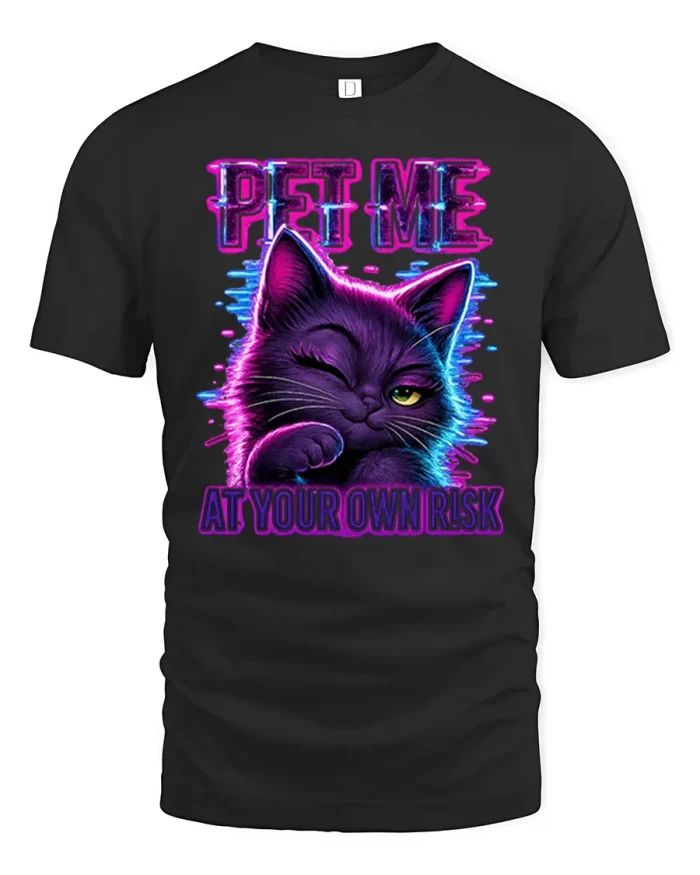 Pet Me At Your Own Risk Sarcastic Cyber Cat T-Shirt - black t-shirt on white background