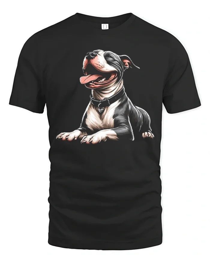 Cute Happy Pitbull Dog Lying Down Graphic T-Shirt - black t-shirt on white background