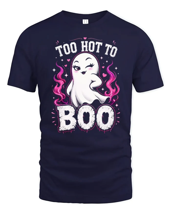 Too Hot To Boo Cute Winking Ghost Halloween T-Shirt - navy t-shirt on white background