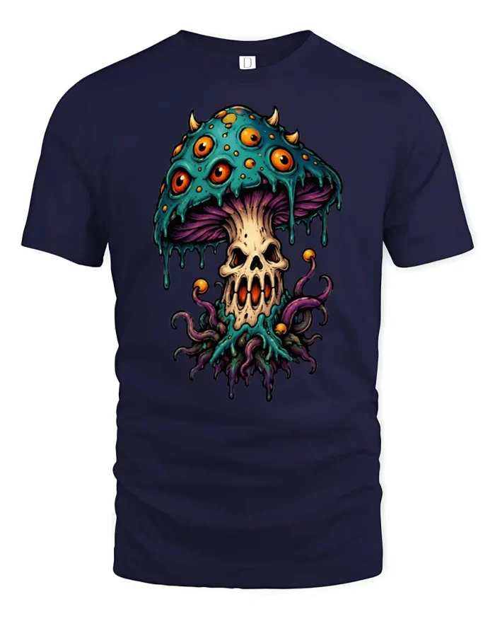 Creepy Eyeball Mushroom Skull Monster Graphic T-Shirt - navy t-shirt on white background