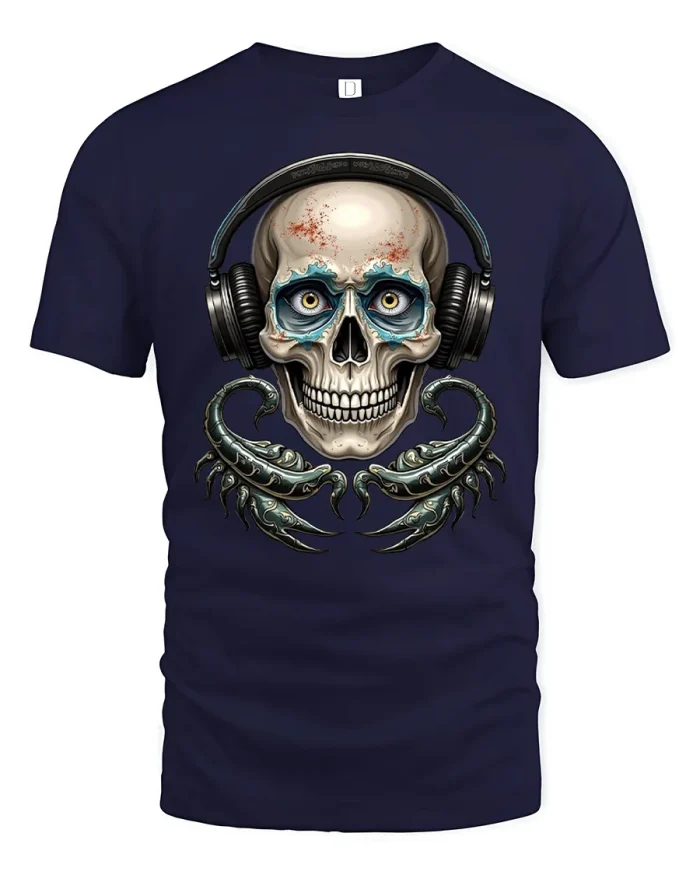 Cool Scorpion Skull Wearing Headphones Graphic T-Shirt - navy t-shirt on white background