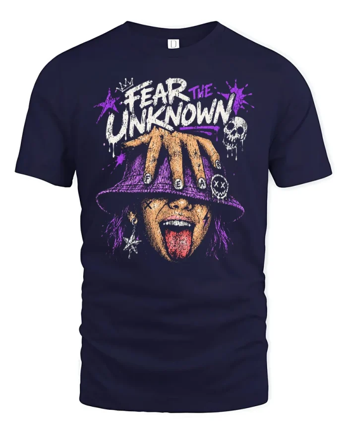 Fear The Unknown Edgy Grunge Bucket Hat Graphic T-Shirt - navy t-shirt on white background