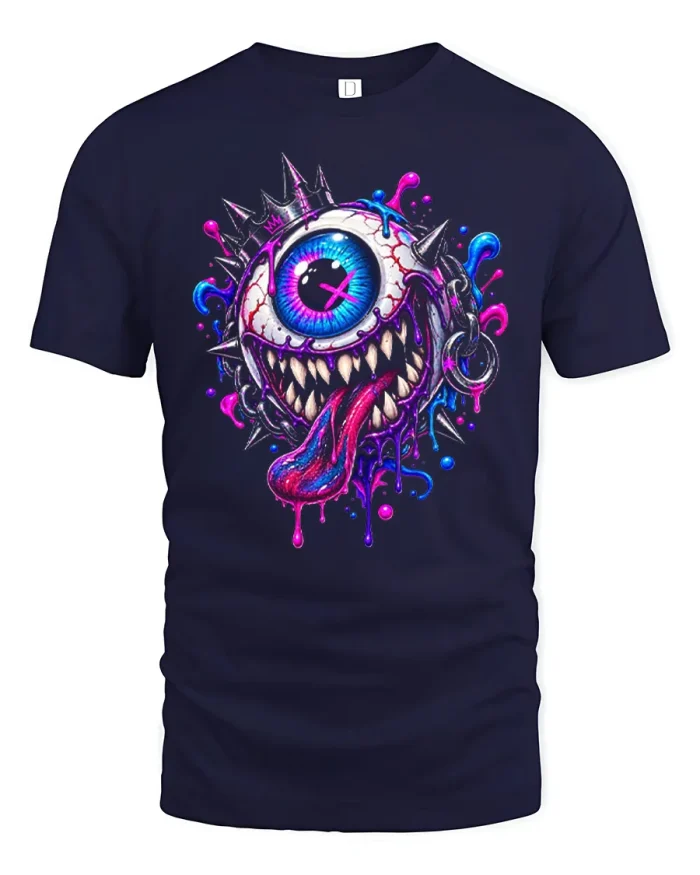 Creepy Eyeball Monster With Crown Graphic T-Shirt - navy t-shirt on white background