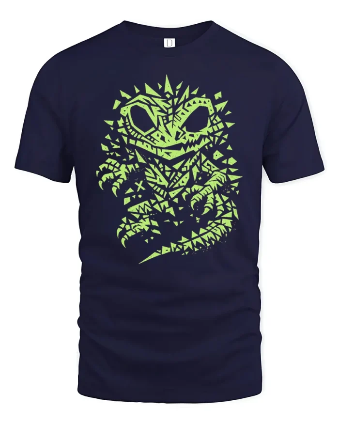 Neon Green Geometric Lizard Monster Graphic T-Shirt - navy t-shirt on white background