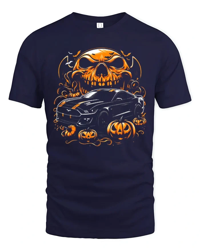 Muscle Car Pumpkin Skull Halloween Graphic T-Shirt - navy t-shirt on white background