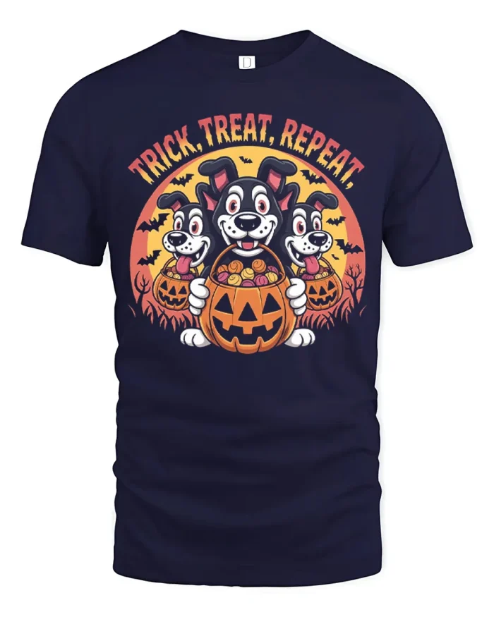 Trick Treat Repeat Cute Dogs Halloween T-Shirt - navy t-shirt on white background
