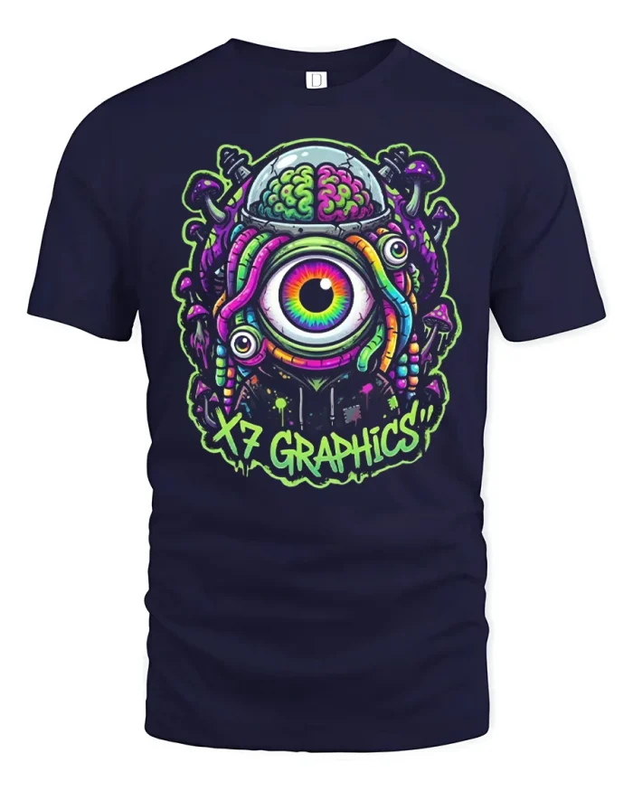 Trippy Eyeball Brain Mushroom Neon Graphic T-Shirt - navy t-shirt on white background