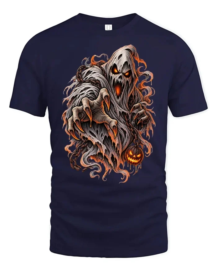 Spooky Reaching Ghost Halloween Monster Graphic T-Shirt - navy t-shirt on white background