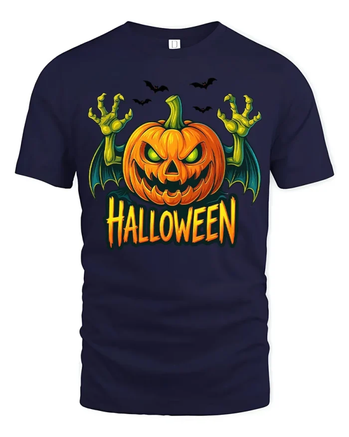 Spooky Pumpkin Monster Hands Halloween Graphic T-Shirt - navy t-shirt on white background