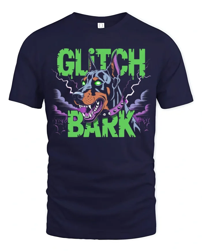 Glitch Bark Doberman Dog Cyberpunk Graphic T-Shirt - navy t-shirt on white background