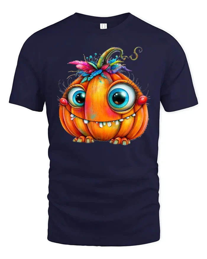 Cute Funny Big Eyed Pumpkin Monster Cartoon T-Shirt - navy t-shirt on white background