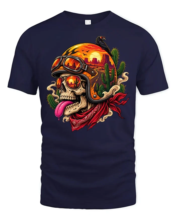 Desert Biker Skull Sunset Goggles Red Bandana T-Shirt - navy t-shirt on white background