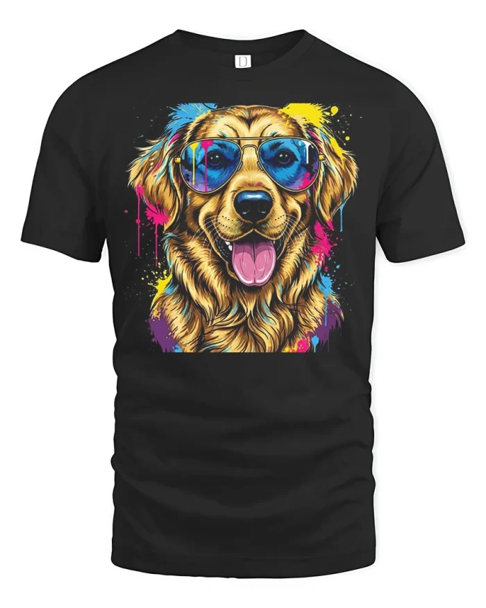 Cool Golden Retriever Sunglasses Paint Splash Graphic T-Shirt - black t-shirt on white background