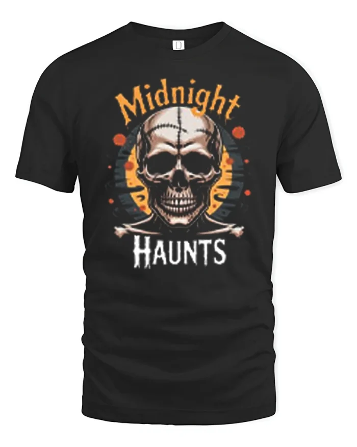 Midnight Haunts Spooky Skull Halloween Graphic T-Shirt - black t-shirt on white background