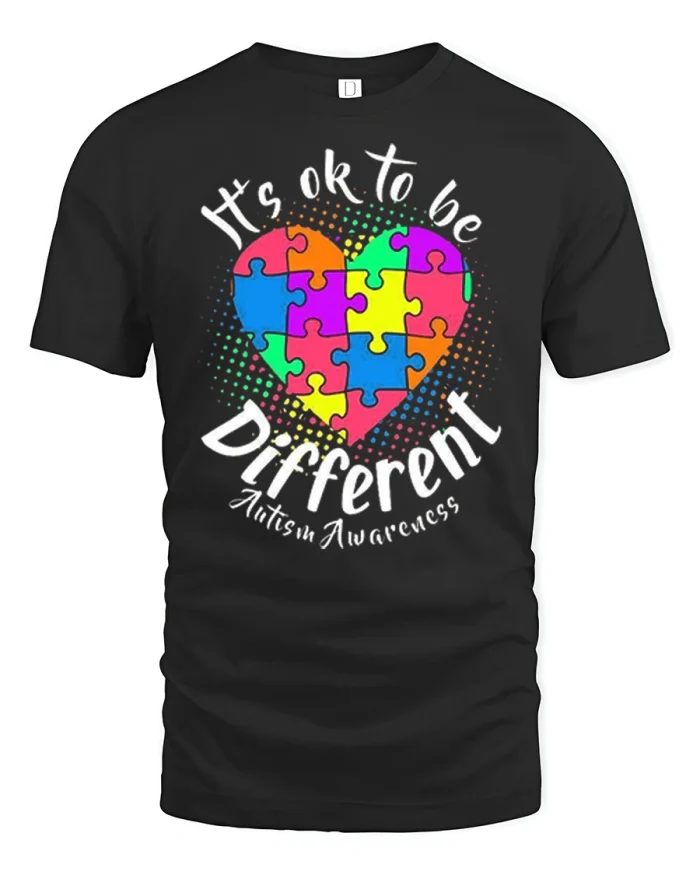 It Is Ok To Be Different Autism Awareness Puzzle Heart T-Shirt - black t-shirt on white background