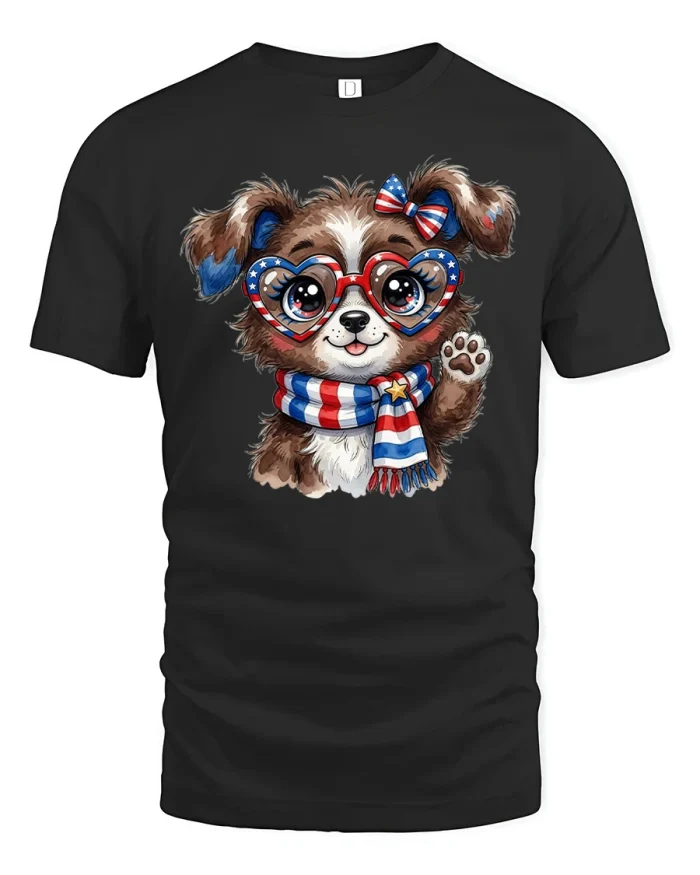 Cute Patriotic Puppy Heart Glasses Scarf T-Shirt - black t-shirt on white background
