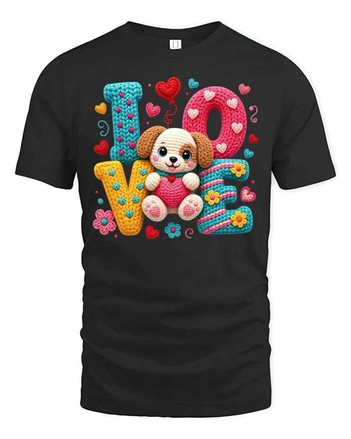 Cute Crochet Love Puppy Dog Amigurumi Graphic T-Shirt - black t-shirt on white background