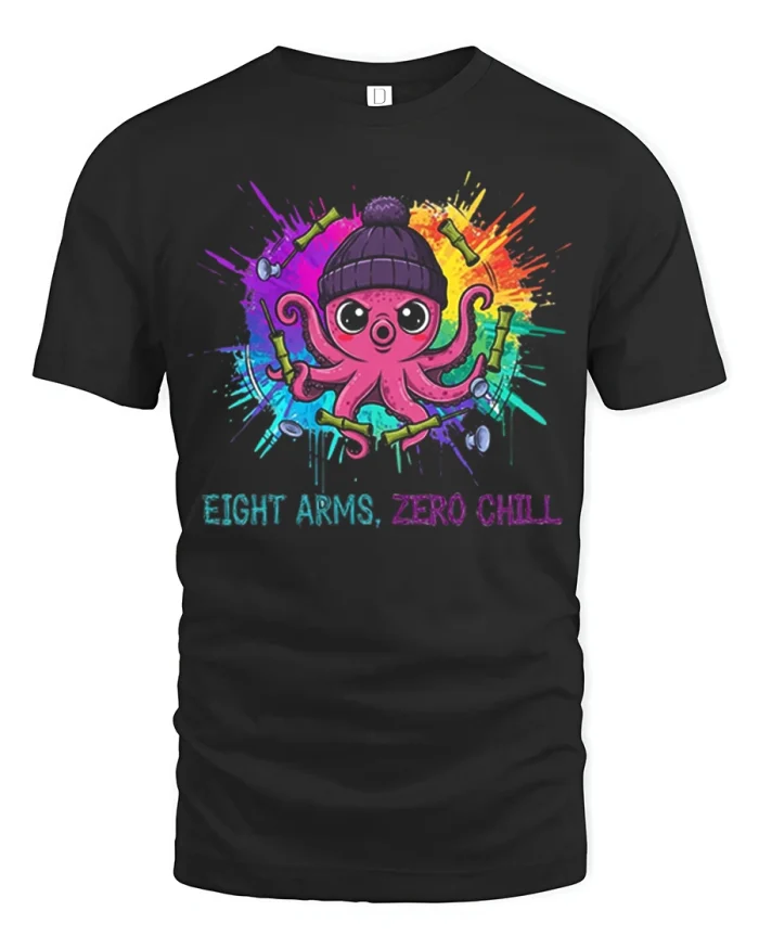 Eight Arms Zero Chill Funny Octopus Meme Graphic T-Shirt - black t-shirt on white background