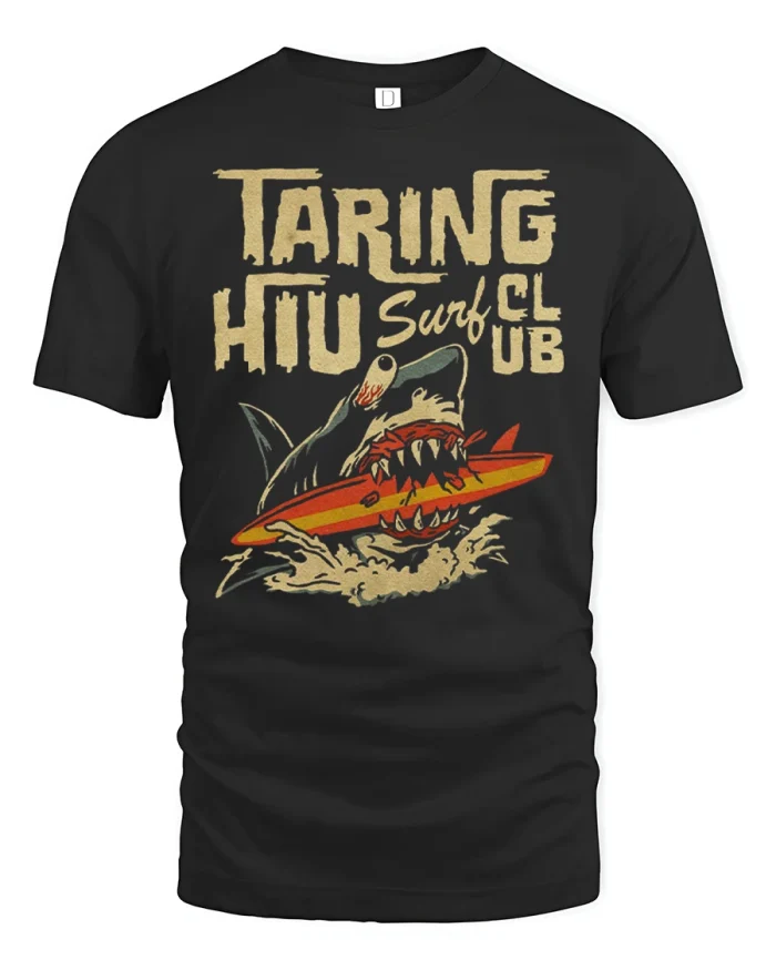Taring Hiu Surf Club Shark Biting Surfboard Graphic T-Shirt - black t-shirt on white background