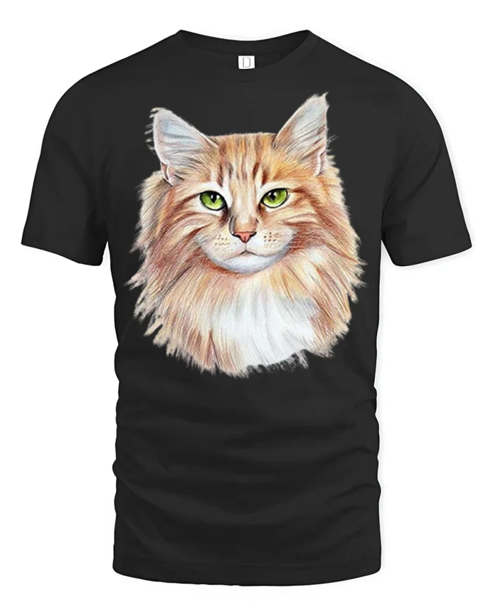 Fluffy Orange Cat Green Eyes Sketch Graphic T-Shirt - black t-shirt on white background